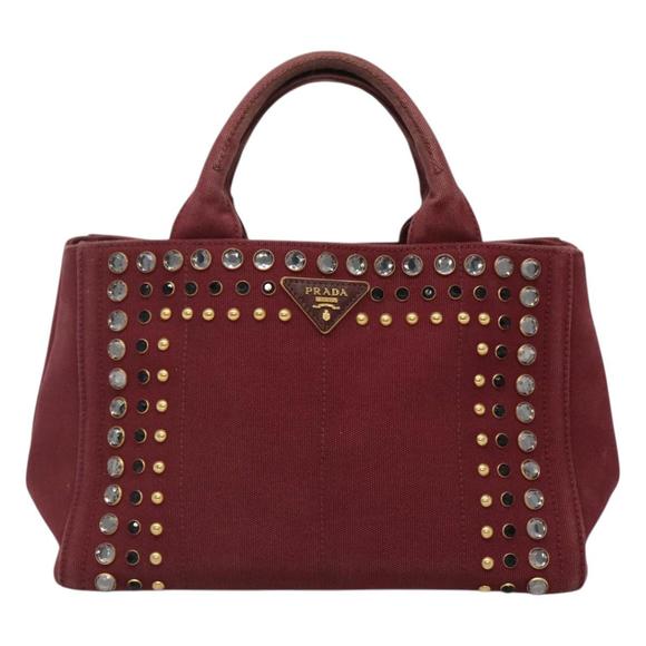 PRADA Canapa PM Hand Bag Canvas 2way Wine Red Gold Auth EC008 - Picture 13 of 16